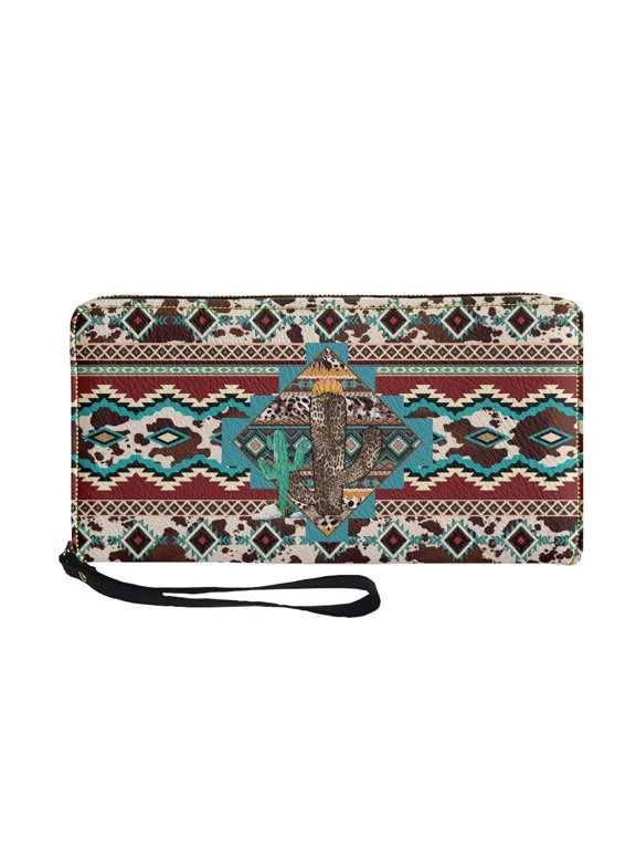 Red Brown Geometric Long Purse with Large Capacity Durable Long Handbag for Business, PU Leather Women's Wallets for Travel