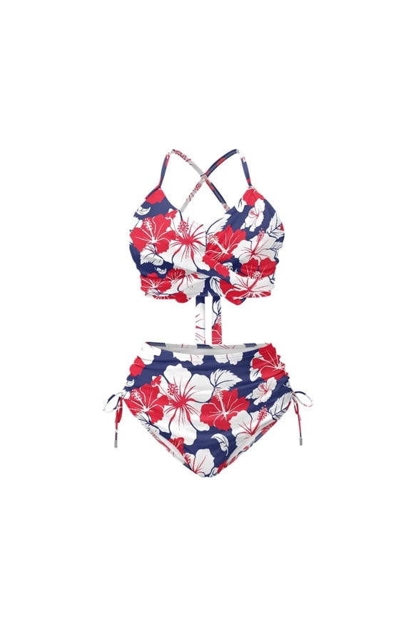 Red Hibiscus Blue Women's Sexy Bikini Sets Two Piece Sexy Halter Swimsuits High Waisted Bathing Suits Plus Size Tie Knot Two Sides Swimsuit Bottom Push Up Swimwear for Women Plus Size