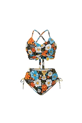 Retro Daisy Flower Two Piece Bathing Suit High Waisted Bikini Set Tummy Control Swimsuits for Women Sexy Crisscross Tie Back Bathing Suits Ruched Swimsuit Tie Two Sides Bikinis Bottom