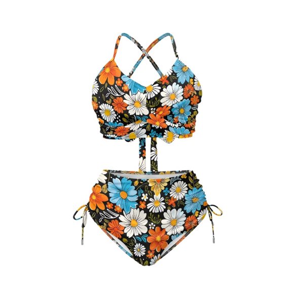 CHAQLIN Retro Daisy Flower Two Piece Bathing Suit High Waisted Bikini Set Tummy Control Swimsuits for Women Sexy Crisscross Tie Back Bathing Suits Ruched Swimsuit Tie Two Sides Bikinis Bottom