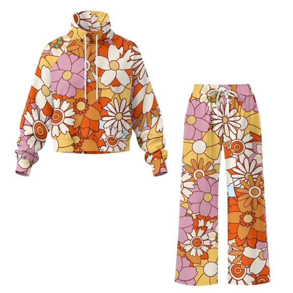 CHAQLIN Retro Daisy Pattern Women Matching Sweatsuit 2 Piece Set, Drawstring Cozy Lounge Sets Soft Women's Tracksuit Set for City Trip Travel