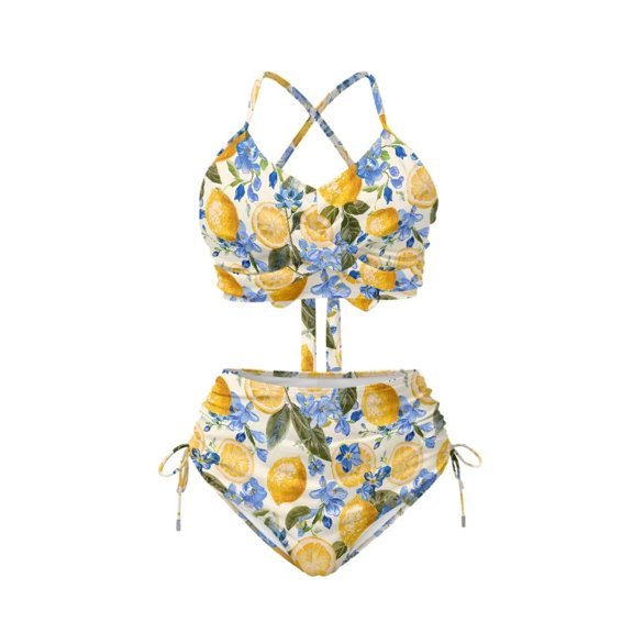 CHAQLIN Retro Lemon Floral Yellow Bathing Suits Bikinis Sets for Women High Waisted Halter Swimsuit Swimwear Ruched Ruffle Swimsuits Twist Front Swim Bathing Suit