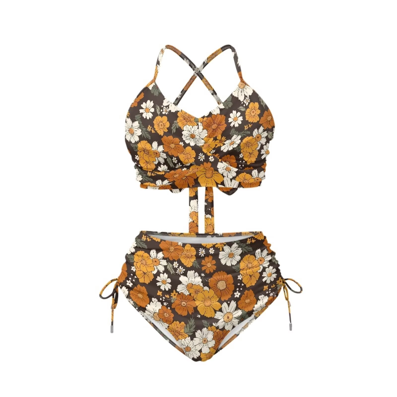 CHAQLIN Retro Orange Flower 2 Piece Sexy Bikini Set Ruched Swimsuit for ...