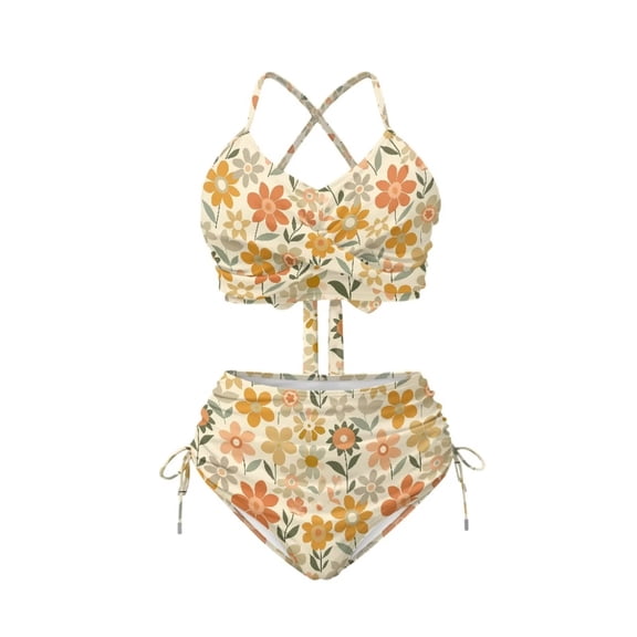 CHAQLIN Retro Yellow Flowers Bikini Set for Women Two Piece Tankini Swimsuit High Waisted Tummy Control Swimsuits Swimwear Cross Lace Up Swim Bathing Suit Top Tie Two Sides Bottom Bathing Suits