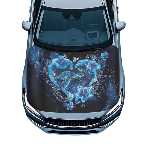 CHAQLIN Sea Turtle Car Hood Cover Heart Hibiscus Car Hood Wrap for Men Women All Season Protection Auto Bonnet Banner UV Resistant Automotive Accessories Fits Saloon/SUV/Truck