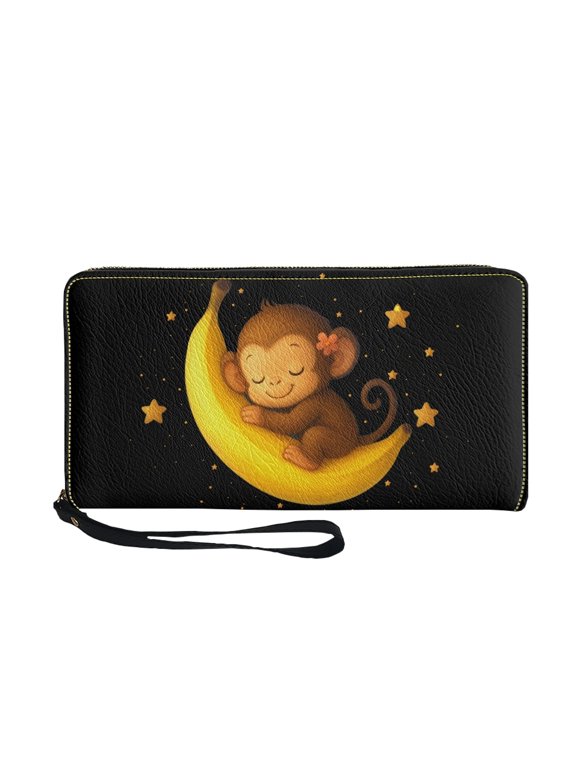 Sleeping Monkey Design Long Wallet for Dating Travel, Large Capacity Long Purse PU Leather Zip-Around Women's Wallets