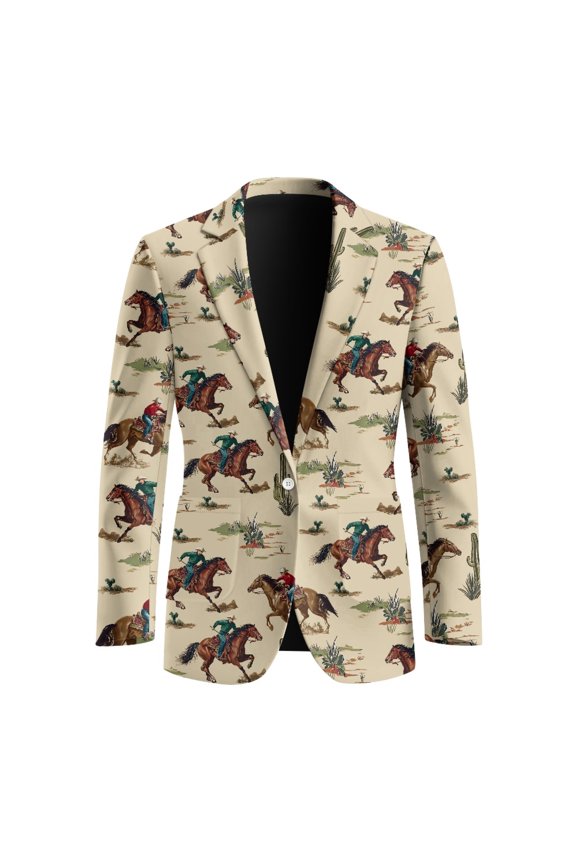 Slim Fit Men's Blazer Jacket, Western Cowboy & Desert Cactus Pattern Polyester Single-Breasted Men's Suit Jacket for Prom Work