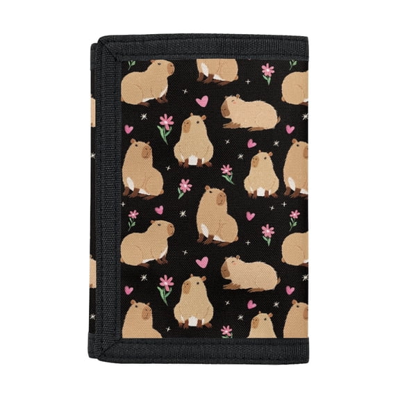 CHAQLIN Small Purse Cartoon Capybara with Floral & Heart Pattern Waterproof Kids Trifold Wallet for Sports, Polyester Lightweight Children's Wallet