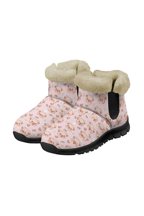 Snow Boots for Women Waterproof Warm Flannel Lined Pig Print Boots Ladies Slip on Fashion Bootie Ankle Snow Boots with Cozy Faux Fur Lining,Pink