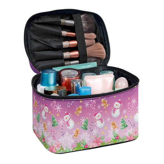 CHAQLIN Snowman Winter Pink Waterproof Cosmetic Bag, Polyester Toiletry Bag Brush Slots Makeup Bag for Travel Traveling