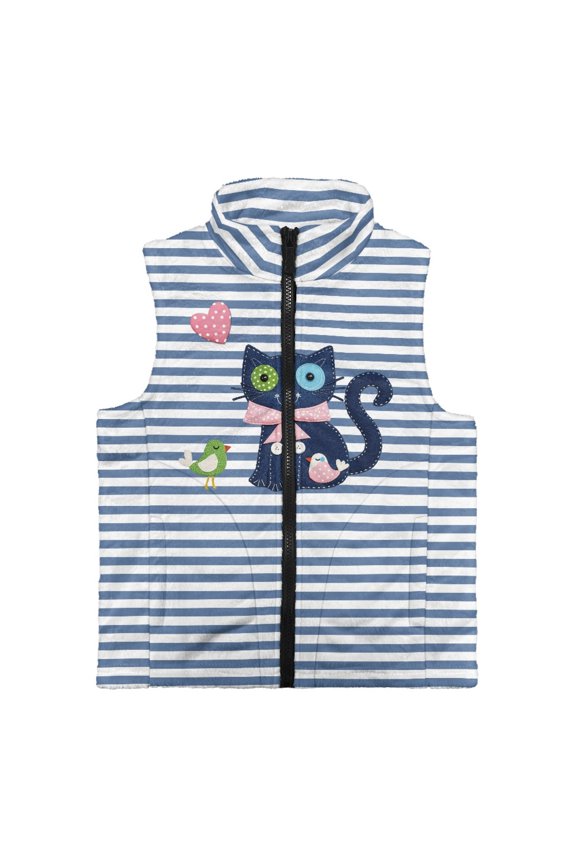 Soft Girls Fleece Vest for Daily Life Winter, Polyester With Pockets Kid Outerwear Vest, Patchwork Cat Birds
