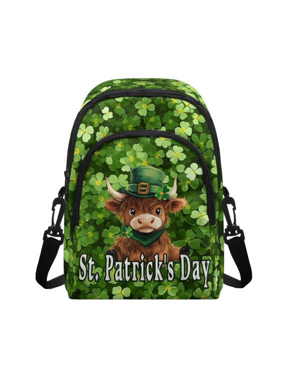St. Patrick's Day Sling Bag Featuring Highland Cow Clover Pattern, Polyester Mini Crossbody Bag for Women Travel and Daily Work