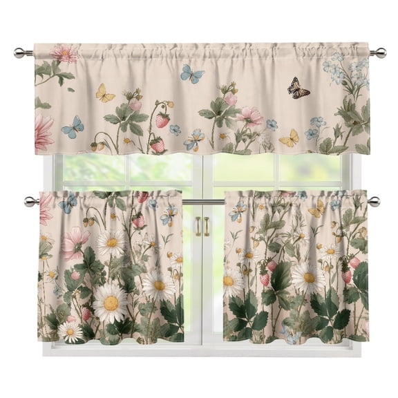 CHAQLIN Strawberry Garden Kitchen Curtain Valance and Tiers Set, 3 Pieces Easy to Install Kitchen Curtains and Valances Set for Bedroom Window