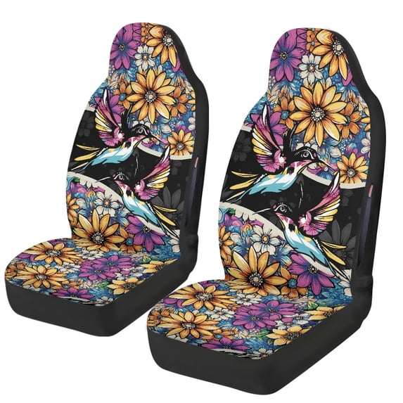 CHAQLIN Stretchy Fabric Car Seat Covers for Automotive, Washable Elastic Car Front Seat Covers Set, Hummingbird Floral Pattern