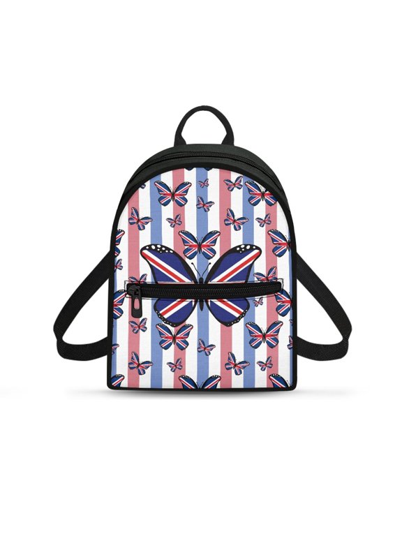 Striped Union Butterflies Lightweight Purse Backpack Adjustable Strap Mini Backpack for Travel Outdoor, Polyester Practical Casual Daypack