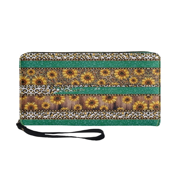 CHAQLIN Sunflower Leopard Print Pattern Large Capacity Long Purse, Wrist Straps Cell Phone Case with 4 Card Slots for Travel Shopping Work