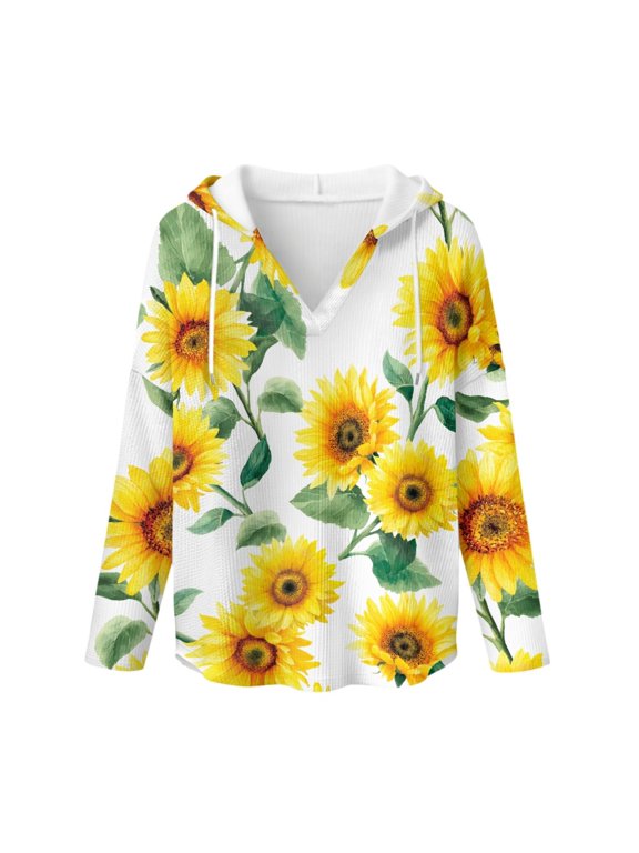 Sunflower Pattern Long Sleeve Pullover Tops, imitation Waffle V Neck Sweatshirts for Women for Fall Autumn Soft Hooded Tops