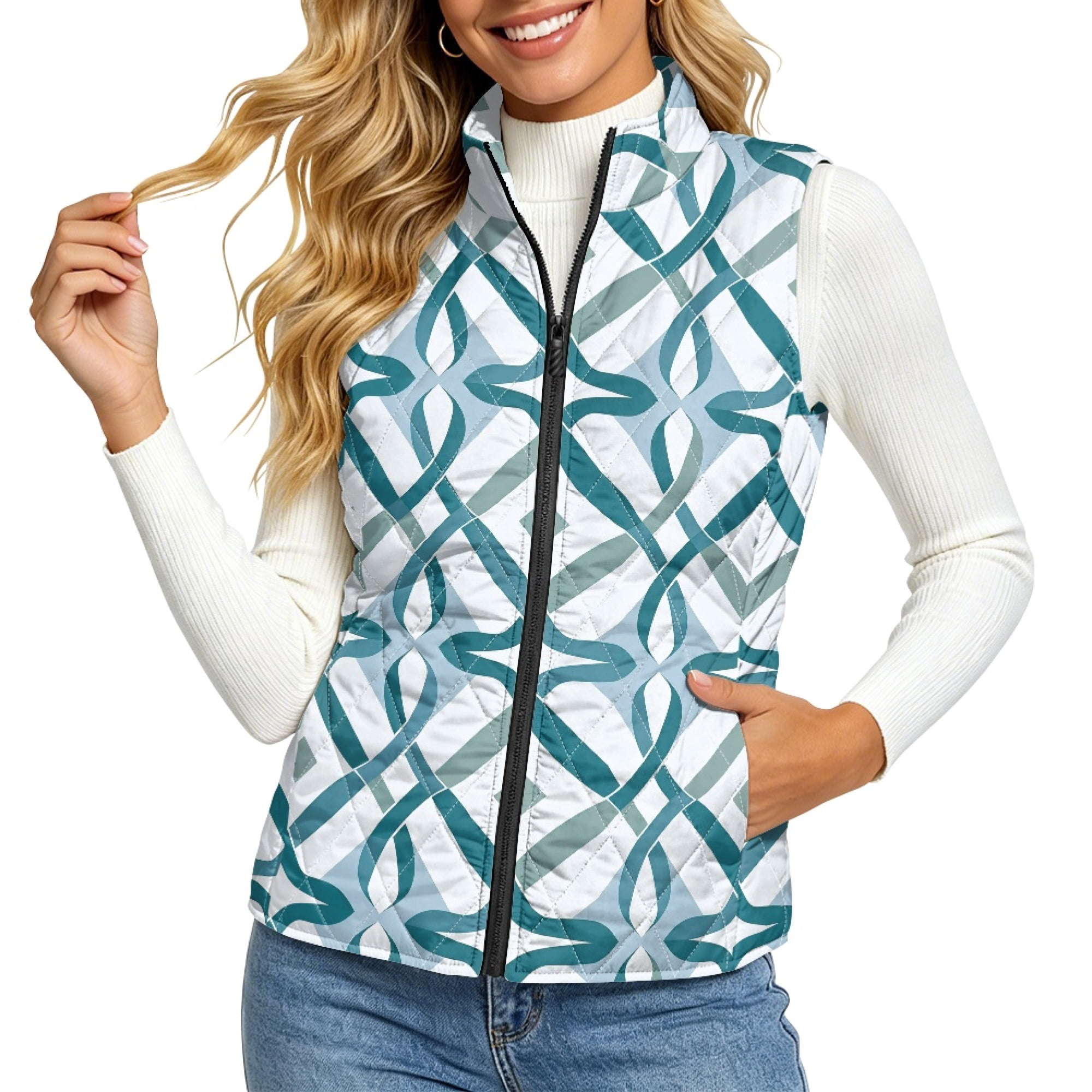 CHAQLIN Teal Geometric Pattern Casual Women's quilted jacket vest ...