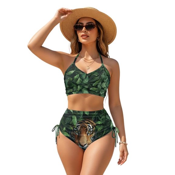 CHAQLIN Tiger Leaf Bikini Set for Women Tummy Control Bathing Suit V Neck Crisscross Tie Back Swim Tops Tie Two Sides Bottom Sets for Holiday