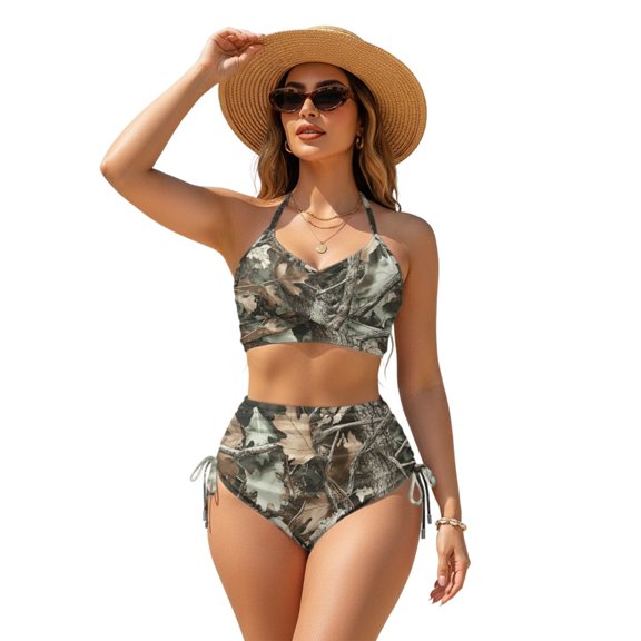 CHAQLIN Tree Camo High Waisted 2 Piece Bikini - Adjustable Drawstring Swimwear for Summer Beach Vacation - Trendy Gift for Women