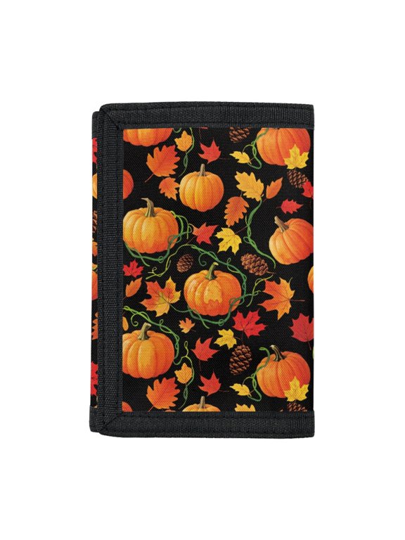 Trifold Card Wallet Pumpkin and Pine Cone Pattern Portable Children's Wallet for Outdoor Sports, Polyester Slim Kids Trifold Wallet