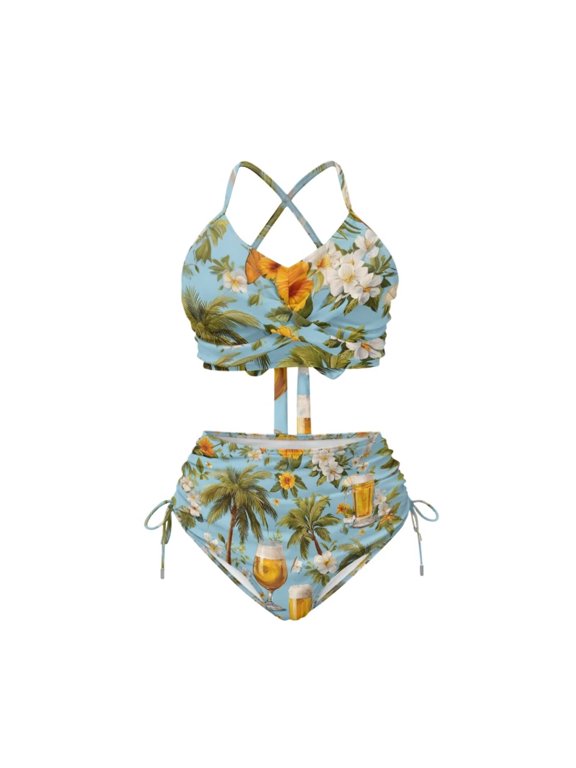 Tropical Floral Palm Tree Blue Bikini Sets Two Piece Halter Swimsuits High Waisted Bathing Suit Bikinis Tie Knot Two Sides Swimsuit Bottom Push Up Swimwear for Women