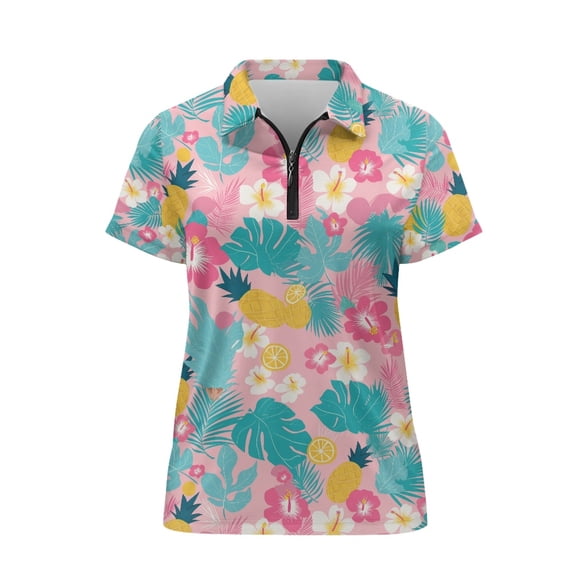 CHAQLIN Tropical Floral & Pineapple Print Breathable Polo Shirts, Polyester Workout Polo Shirts Lightweight Moisture Wicking Golf Shirt for Tennis Outdoor Travel