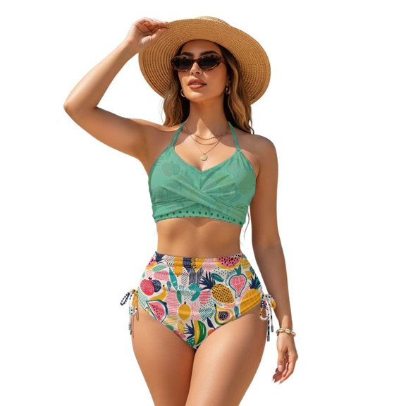 CHAQLIN Tropical Fruit Green Two Piece Bikini Swimsuit Set for Women High Waist Bathing Suit Summer Tummy Control Ruched Swimsuits Tie Two Sides Bottom Bathing Swim Suits Crisscross Back Swimsuit