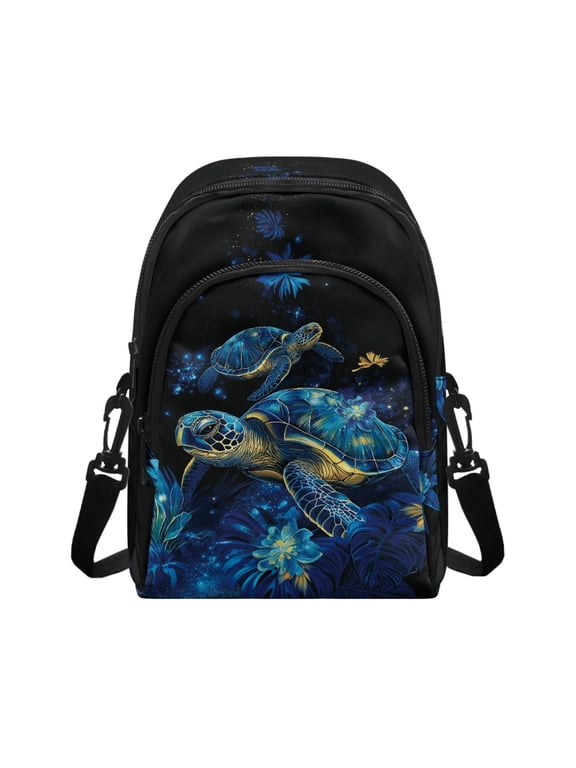 Turtle and Floral Pattern Front Pocket Small Crossbody Shoulder Handbags for Shopping Traveling Dating, Polyester Multiple Pockets Crossbody Bag
