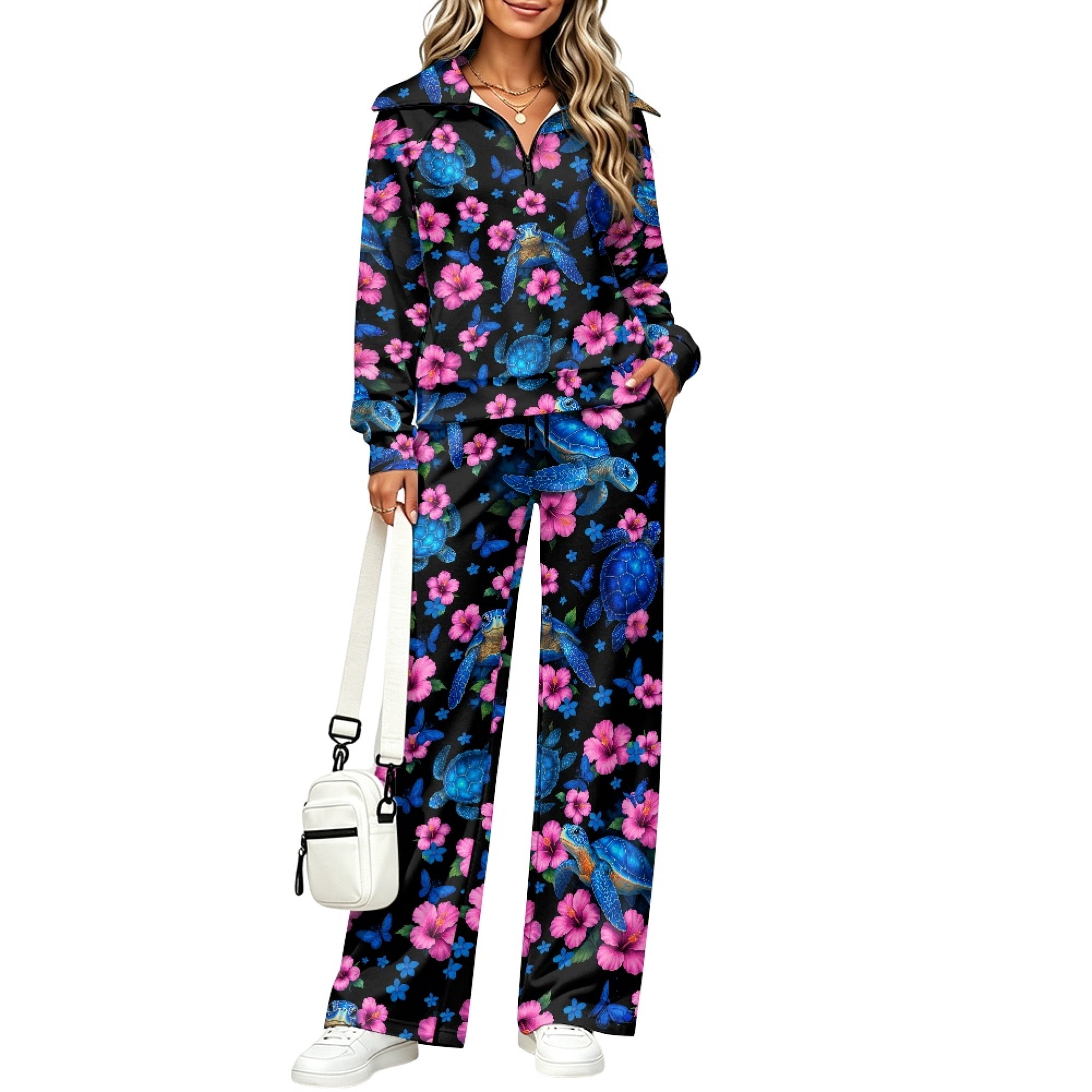 CHAQLIN Turtle Flower Sea Wide Leg Pants, Mock Neck Lounge Sets Half ...
