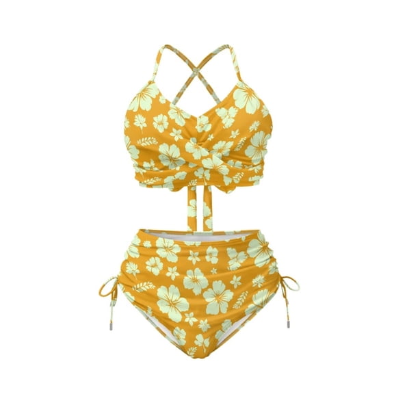 CHAQLIN Two Piece Yellow Hibiscus Floral Swimsuit Set for Women Cross Lace Up Bikini High Waisted Tankini Bathing Suits Ruched Padded Swimsuits Halter Swimwear for Beach Pool