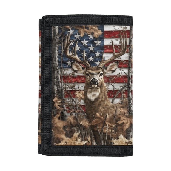 CHAQLIN US Flag & Deer Head with Leaf Camouflage Pattern Children's Wallet for Sports, Elastic Polyester Trifold Card Wallet with Easy to Access Large Capacity Kids Trifold Wallet