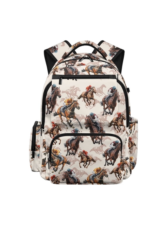 Waterproof Kids Backpacks for School Casual, 600D Polyester Multi Pocket Bookbag, Horse Racing Pattern