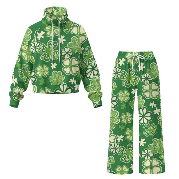 CHAQLIN Wide Leg Women Two Piece Tracksuit, Four-Leaf Clover Theme Double Sided Cloth High Collar Women's Loungewear Tracksuit for Short Travel Indoor Outdoor