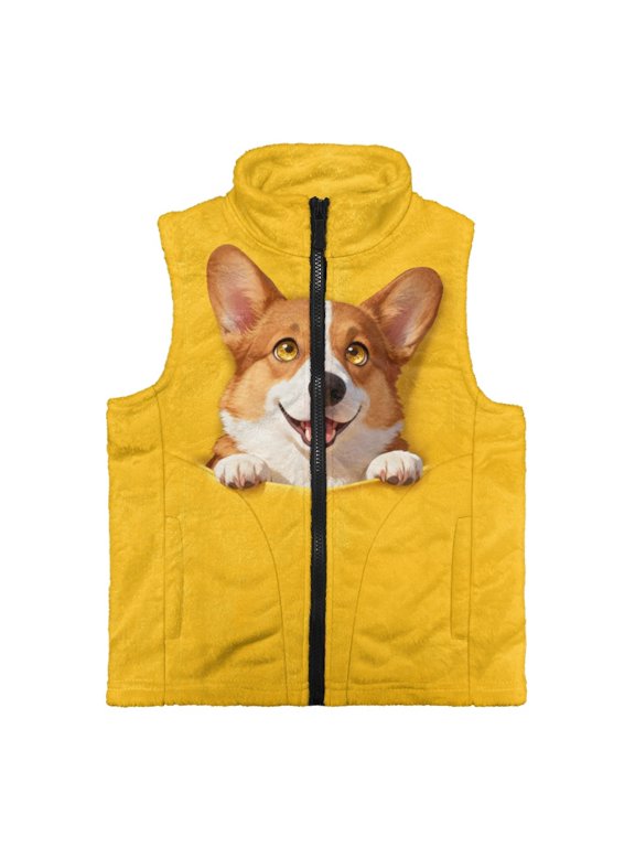 With Pockets Girls Fleece Vest for Fall Casual, Polyester Wind Proof Kids Zip Up Vest, Smiling Corgi Dog Print
