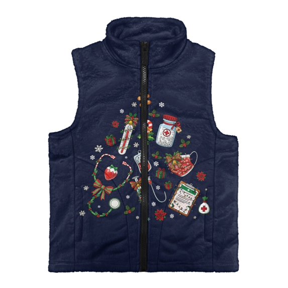 CHAQLIN With Pockets Girls Zip Up Vest for Winter Fall, Christmas Medical Print Polyester Soft Sleeveless Fleece Jacket