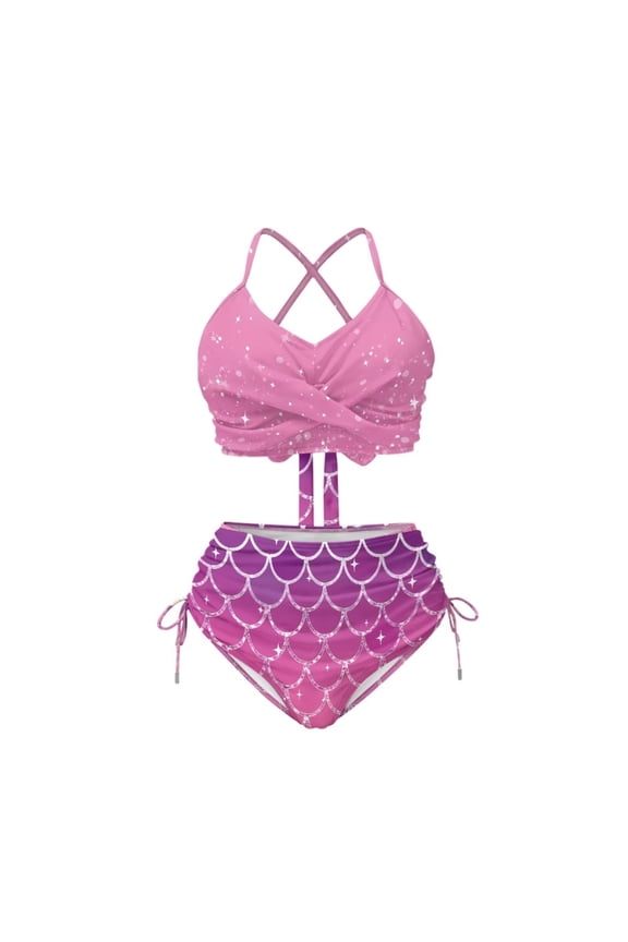 Women's Pink Fish Scales 2 Piece Bikini Set Sexy High Waisted Tummy Control Bathing Suit Crisscross Back Top Push Up Swimsuit Tie Two Sides Swimsuits Bottom Padded Swimwear Swim Suits