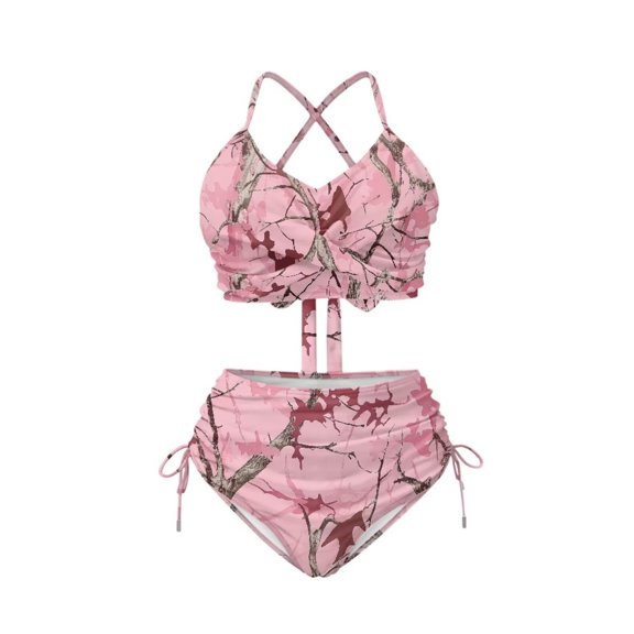 CHAQLIN Womens Camo Hunting Pink Leaves Swimsuit High Waisted Bathing Suit Two Piece Halter Bikini Tummy Control Swimsuits Tops Crisscross Tie Back Tankini Bathing Suits Swimwear Bottom for Beach