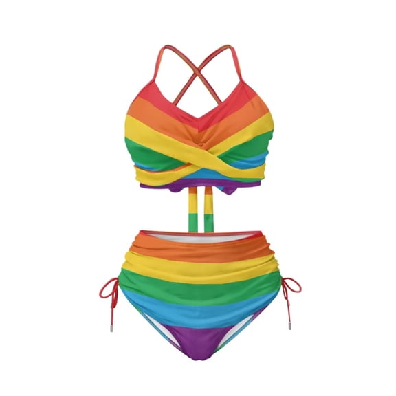 CHAQLIN Womens Rainbow Flag LGBT High Waisted Bikini Set Two Piece Drawstring Bathing Suit Sexy Halter Swimsuit Cross Lace Up Back Push Up Padded Top High Rise Bottoms Swimsuit for Women