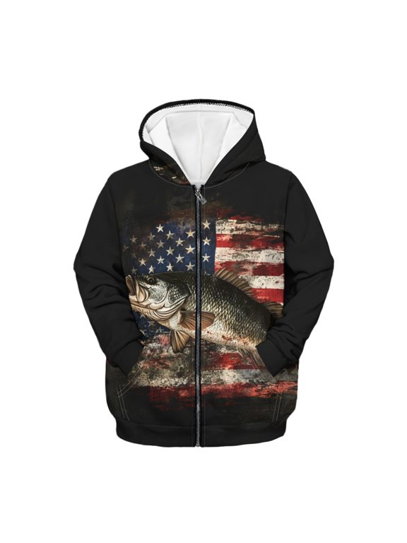 Zip up Hoodies for Holiday Outing Outdoor, with Pockets Lightweight Full-Zip Hoodie Polyester Zip Up Hoodie Jackets American Flag Bass Decoration