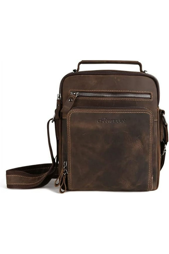 Genuine Leather Messenger Bag for Men, Office Work CrossBody Adjustable Shoulder Bag with 6 Zipper Pocket for Phone, Wallet, Storage Brown