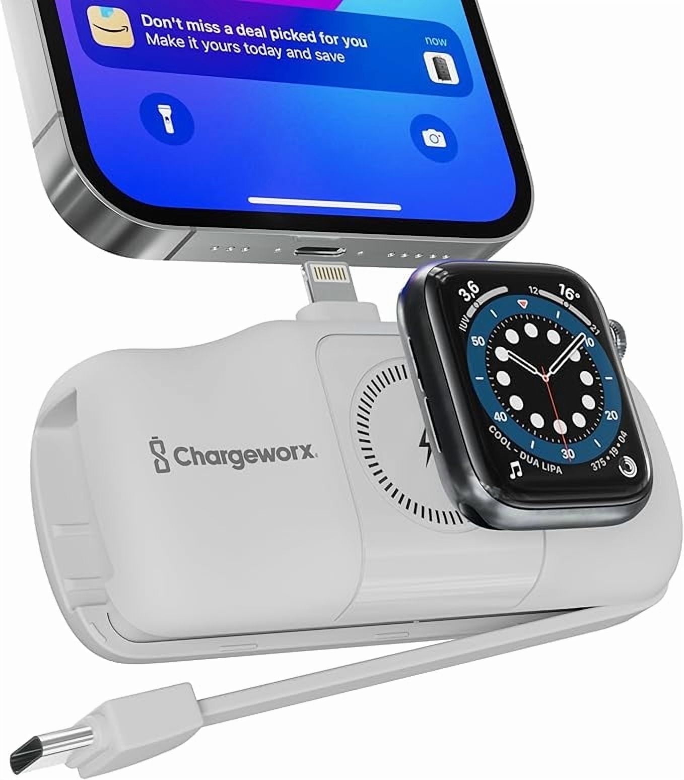 CHARGEWORX 3 in 1 Portable Charger Power Bank for iPhone, USB-C Devices, Smart Watch, 5000mAh Battery, Ultra Compact, Fast Charging Travel Charger, LED Battery Indicator (white)