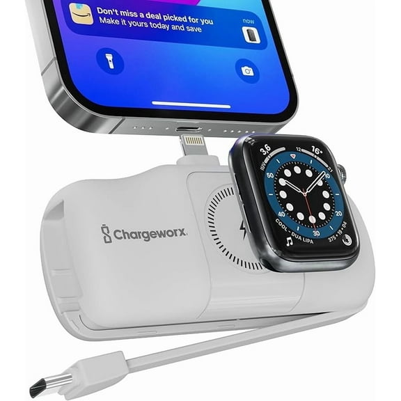 CHARGEWORX 3 in 1 Portable Charger Power Bank for iPhone, USB-C Devices, Smart Watch, 5000mAh Battery, Ultra Compact, Fast Charging Travel Charger, LED Battery Indicator (white)