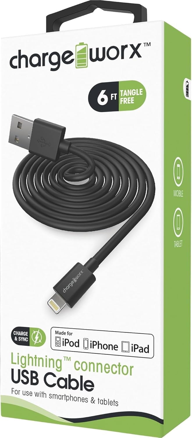 CHARGEWORX CX4602BK 6ft Lightning Sync & Charge Cable Black
