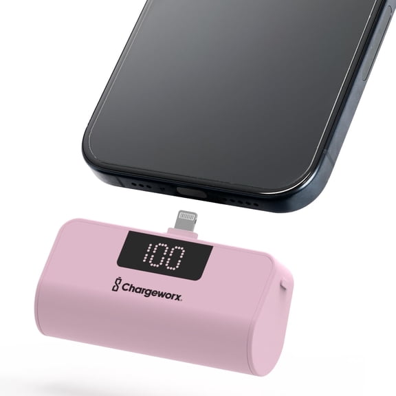 CHARGEWORX Portable Power Bank with LCD Display, Built-in Lightning Connector, Dual Charge Fast Charge Portable Charger 5000mAh, Compatible with iPhone 14, 13, 12 & Older (Pink)