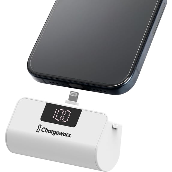 CHARGEWORX Portable Power Bank with LCD Display, Built-in Lightning Connector, Dual Charge Fast Charge Portable Charger 5000mAh, Compatible with iPhone 14, 13, 12 & Older (White )