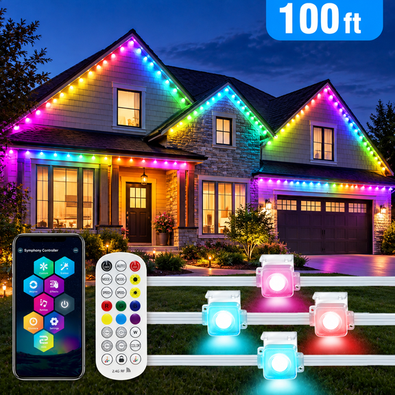 CHARKEE 100FT Permanent Outdoor Lights for House, RGB LED Eaves String Lights with 63 Scene Modes APP/Remote Control Under Eave Lighting Decor