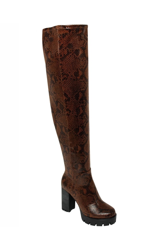 Womens Brown Snake Lug Sole Comfort Warning Round Toe Block Heel Zip-Up Dress Boots 7.5 M