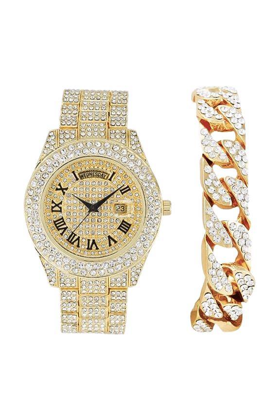 Big Rocks Fully Iced Out Diamond Mens Watch w/Easy Read Date & Day - Designer Hip Hop Blinged Out Timepiece - ST10535 (ST10536-RN Gold -C)