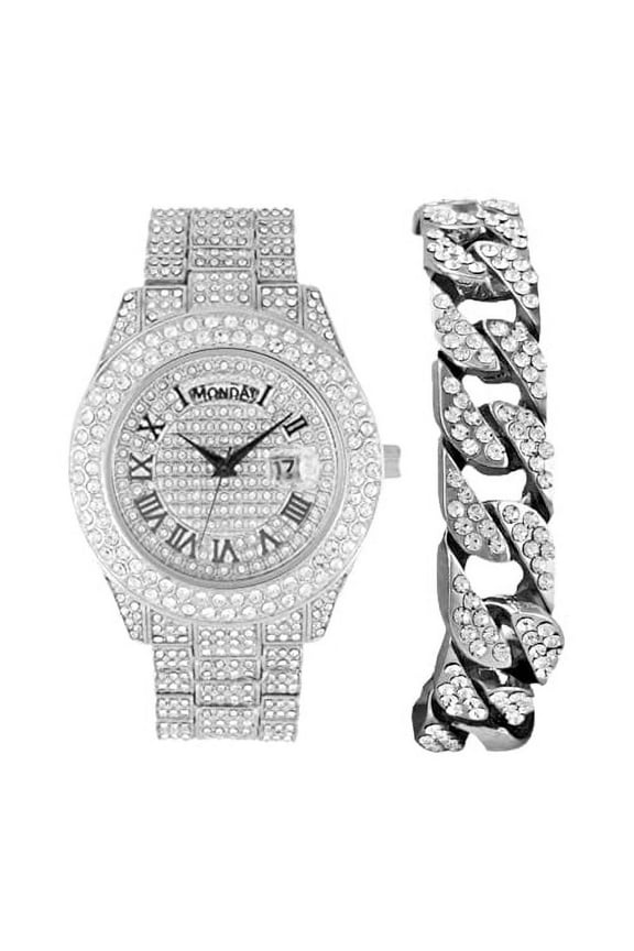 Big Rocks Fully Iced Out Diamond Mens Watch w/Easy Read Date & Day - Designer Hip Hop Blinged Out Timepiece - ST10535 (ST10536-RN Silver -C)